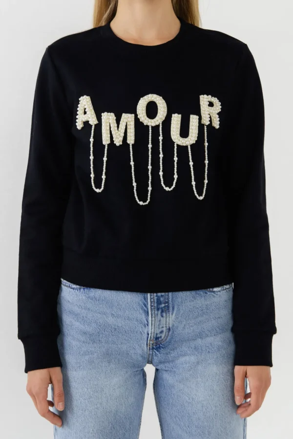 ENDLESS ROSE Tops*- Amour Pearl Embellished Sweatshirts BLACK