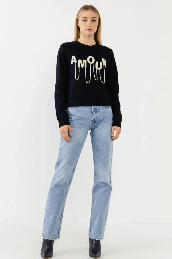 ENDLESS ROSE Tops*- Amour Pearl Embellished Sweatshirts BLACK