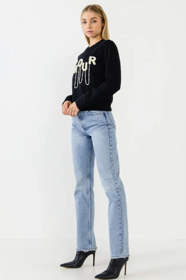 ENDLESS ROSE Tops*- Amour Pearl Embellished Sweatshirts BLACK
