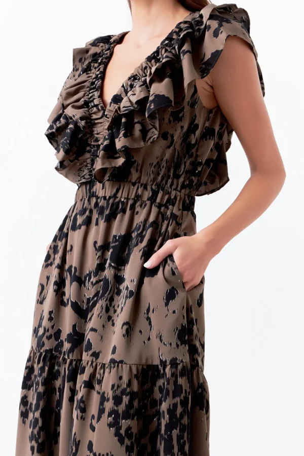 ENDLESS ROSE Tops*- Animal Printed Ruffled Maxi Dress OLIVE/BLACK