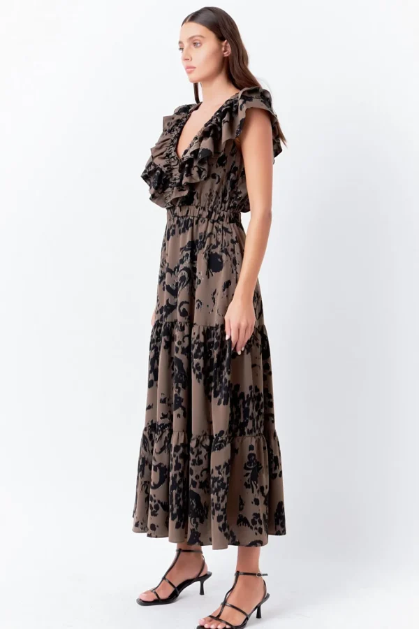 ENDLESS ROSE Tops*- Animal Printed Ruffled Maxi Dress OLIVE/BLACK