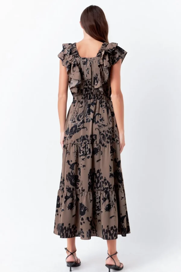 ENDLESS ROSE Tops*- Animal Printed Ruffled Maxi Dress OLIVE/BLACK