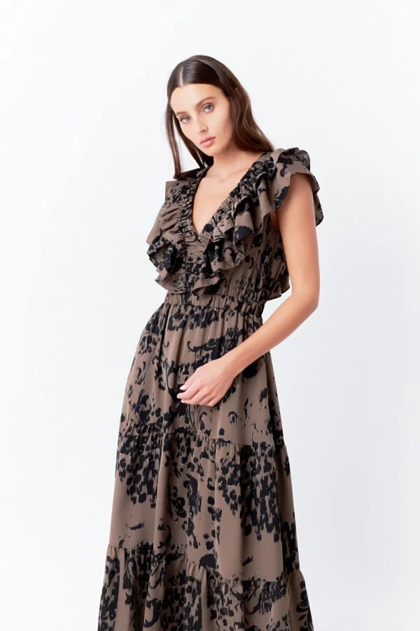 ENDLESS ROSE Tops*- Animal Printed Ruffled Maxi Dress OLIVE/BLACK