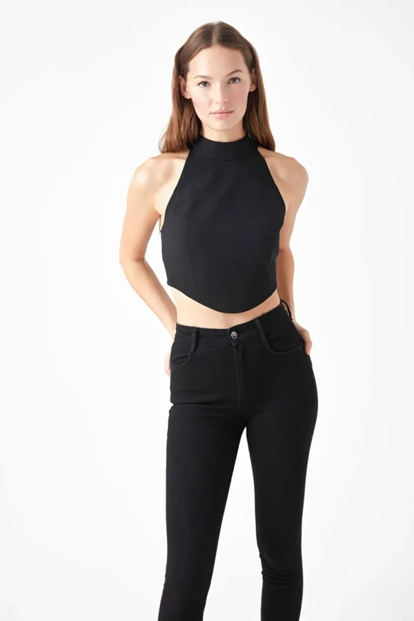 ENDLESS ROSE Tops*- Back Tie Detail Halter Neck Top BLACK
