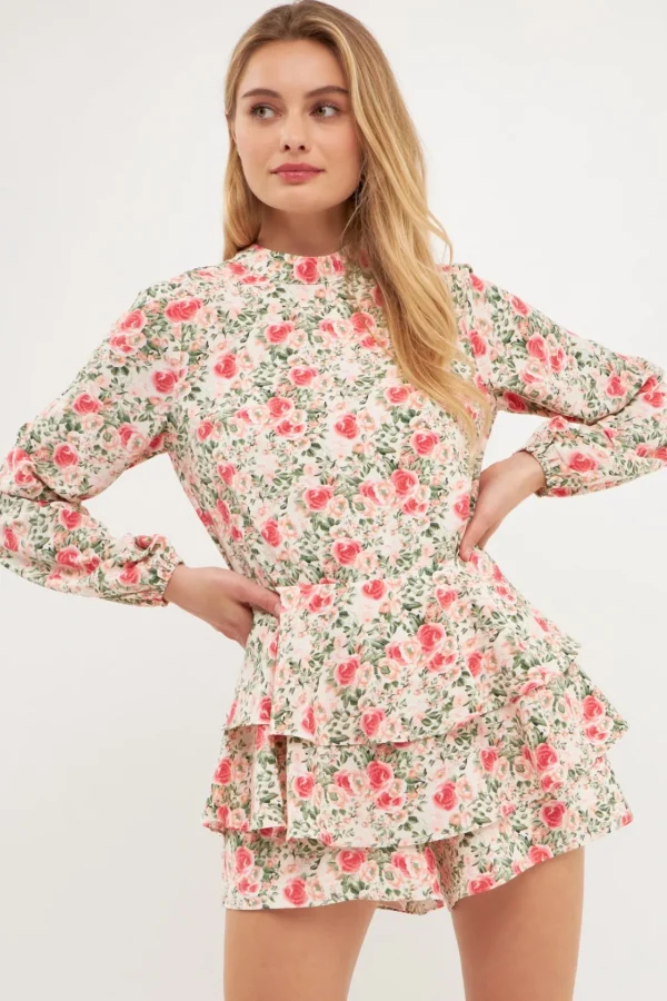 ENDLESS ROSE Tops*- Blooming Roses Floral Open Back Romper PINK
