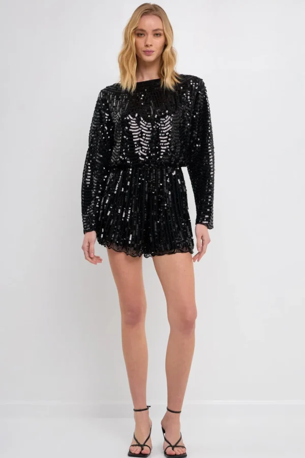 ENDLESS ROSE Tops*- Boat Neck Sequin Romper