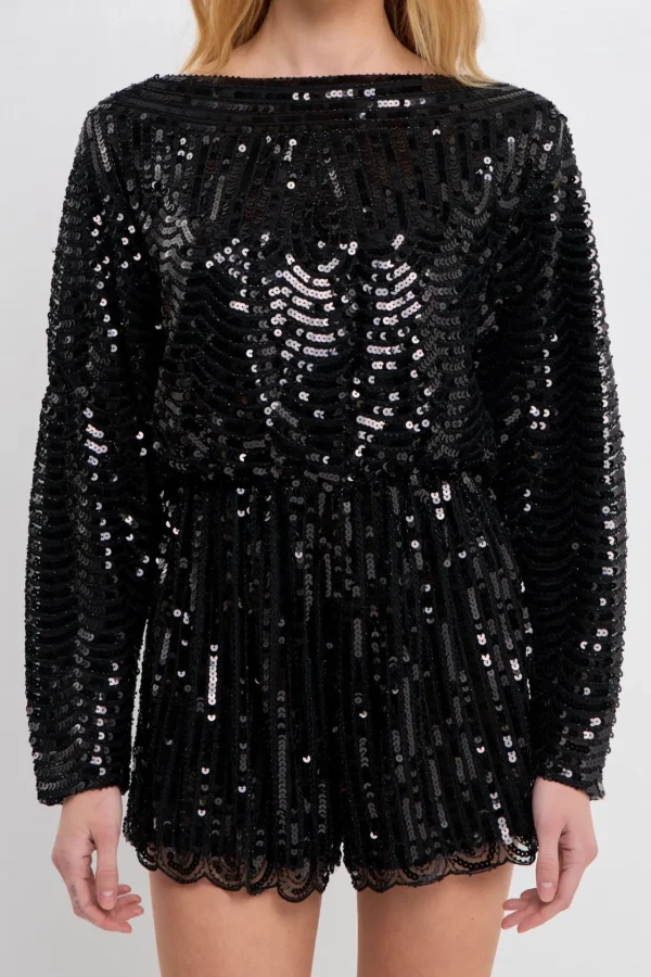 ENDLESS ROSE Tops*- Boat Neck Sequin Romper