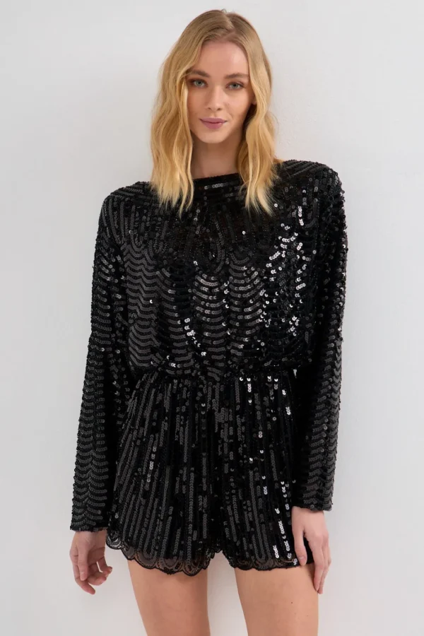 ENDLESS ROSE Tops*- Boat Neck Sequin Romper