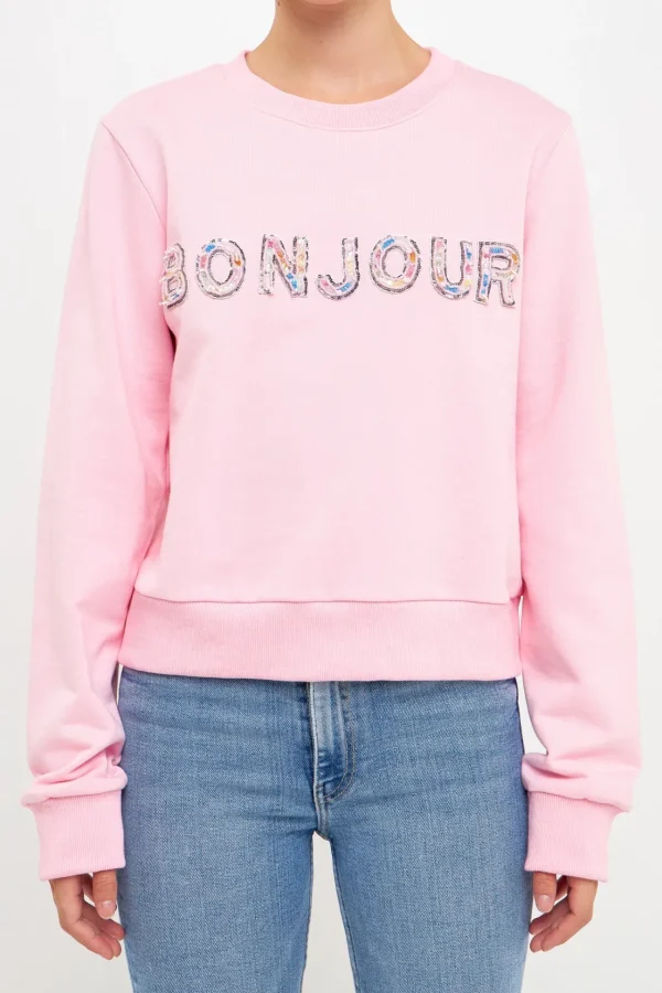 ENDLESS ROSE Tops*- Bonjour Lettering Beads Sweatshirt