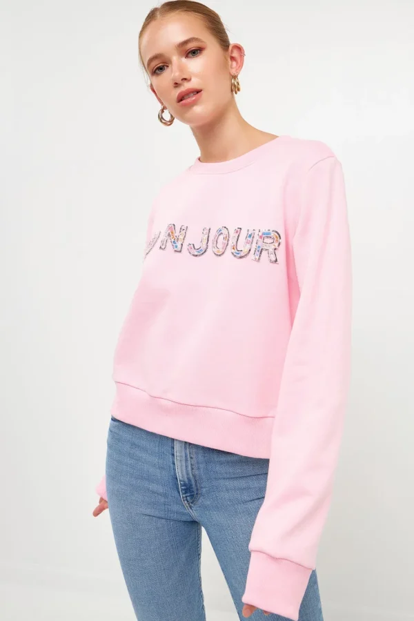 ENDLESS ROSE Tops*- Bonjour Lettering Beads Sweatshirt
