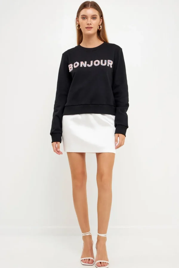 ENDLESS ROSE Tops*- Bonjour Lettering Beads Sweatshirt