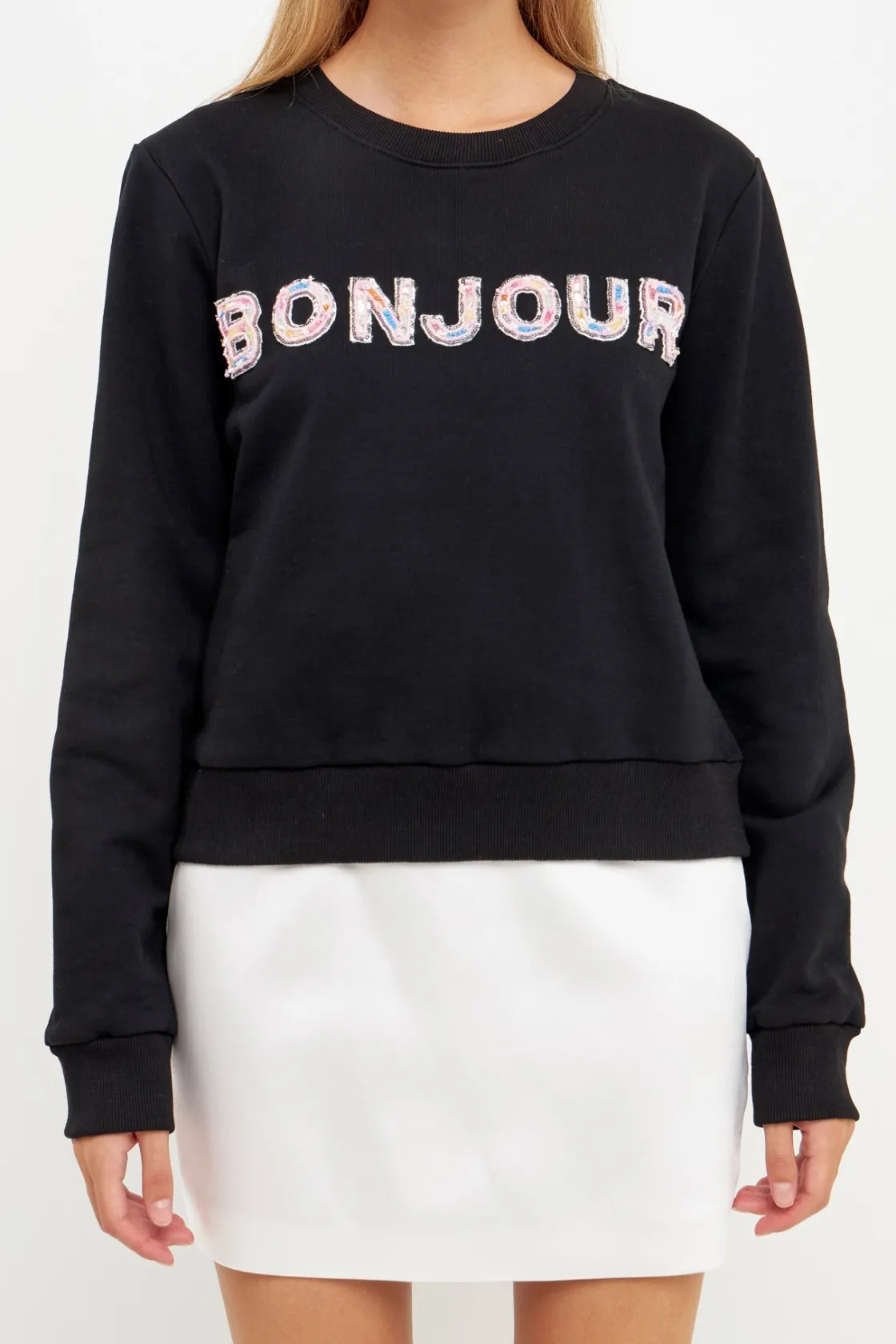 endless_rose__bonjour_let_5.webp ENDLESS ROSE Tops*- Bonjour Lettering Beads Sweatshirt
