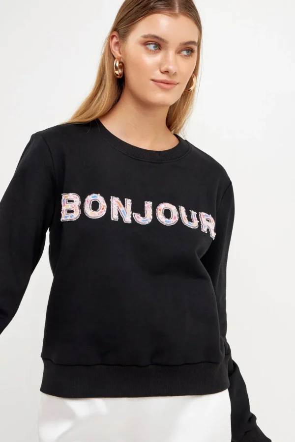 ENDLESS ROSE Tops*- Bonjour Lettering Beads Sweatshirt