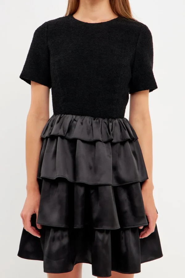 ENDLESS ROSE Tops*- Boucle Satin Mini Dress JETBLACK