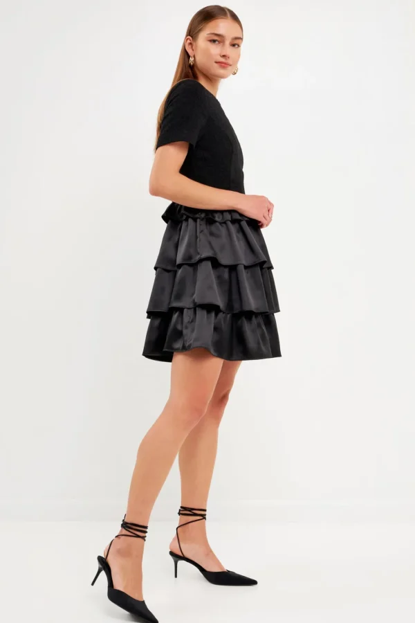 ENDLESS ROSE Tops*- Boucle Satin Mini Dress JETBLACK