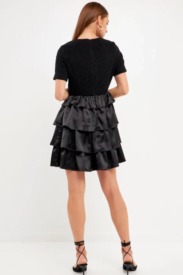 ENDLESS ROSE Tops*- Boucle Satin Mini Dress JETBLACK