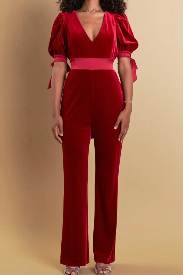ENDLESS ROSE Tops | One Pieces*- Bow Tie Sleeve Velvet Jumpsuit ROUGE