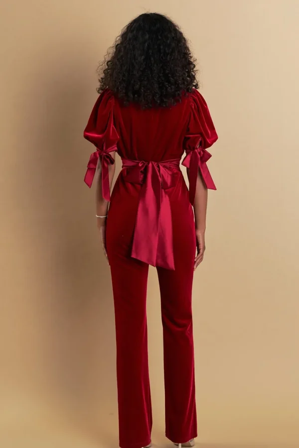 ENDLESS ROSE Tops | One Pieces*- Bow Tie Sleeve Velvet Jumpsuit ROUGE