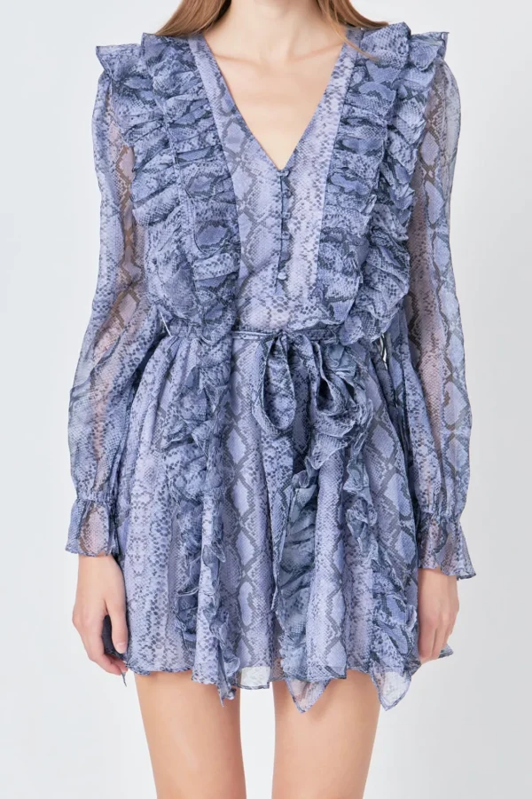 ENDLESS ROSE Tops*- Button Down Long Sleeve Ruffled Mini Dress PURPLEMULTI