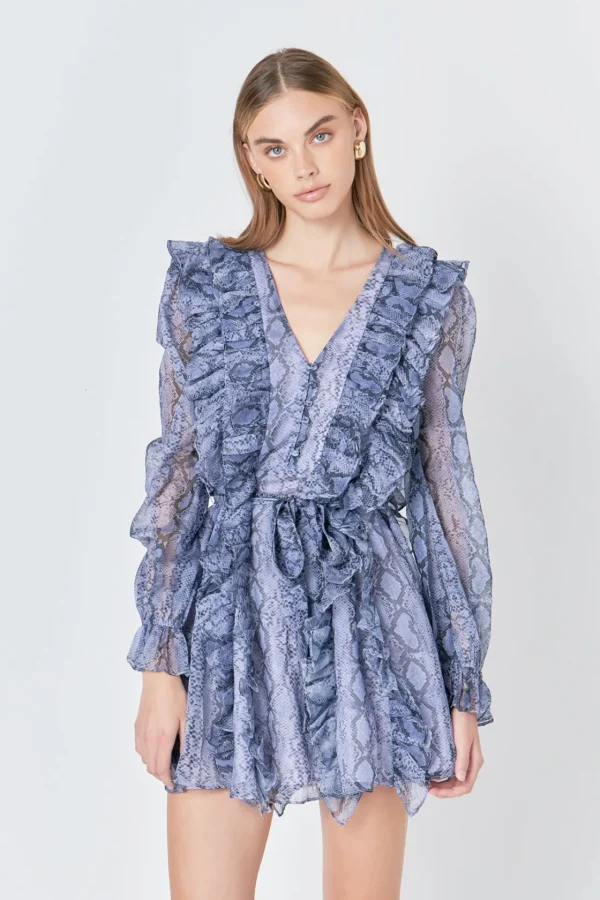 ENDLESS ROSE Tops*- Button Down Long Sleeve Ruffled Mini Dress PURPLEMULTI