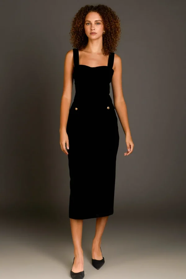 ENDLESS ROSE Tops*- Buttoned Velvet Midi Dress BLACK