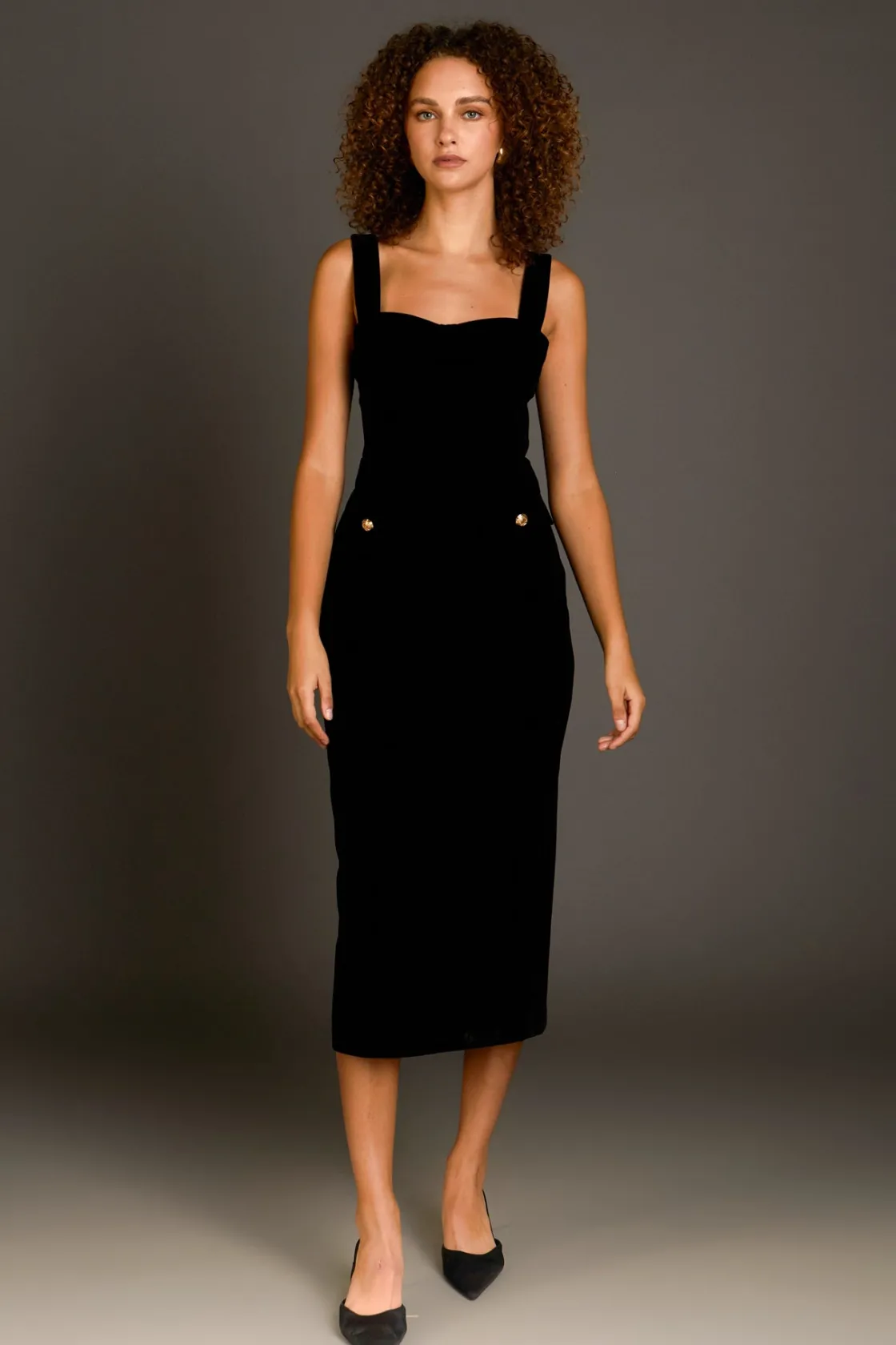 endless_rose__buttoned_ve_1.webp ENDLESS ROSE Tops*- Buttoned Velvet Midi Dress BLACK