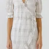 ENDLESS ROSE Tops*- Check Print Linen Wrap Dress WHITE