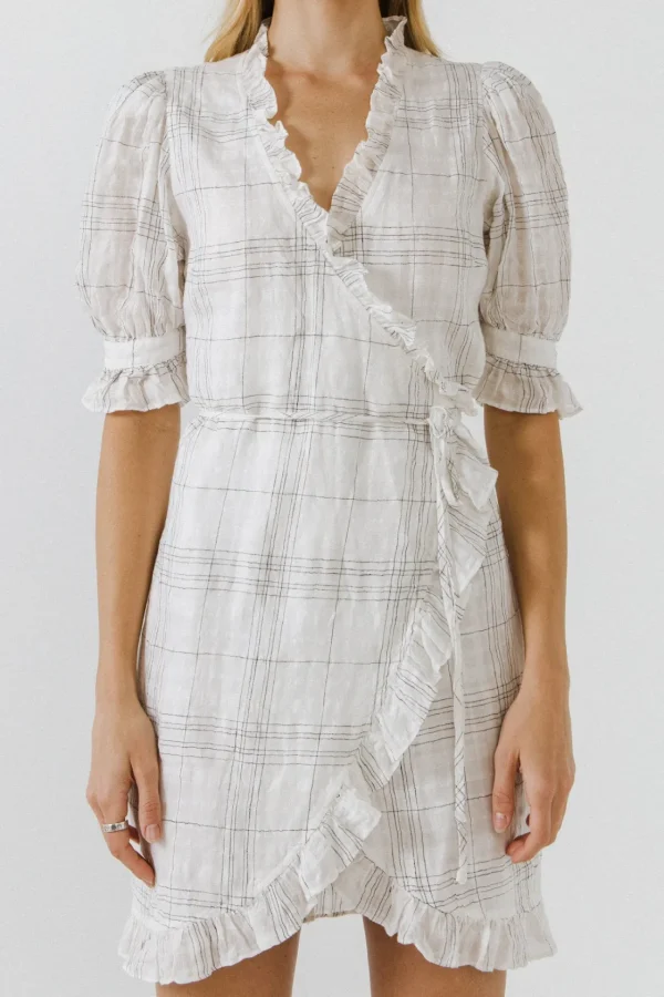 ENDLESS ROSE Tops*- Check Print Linen Wrap Dress WHITE
