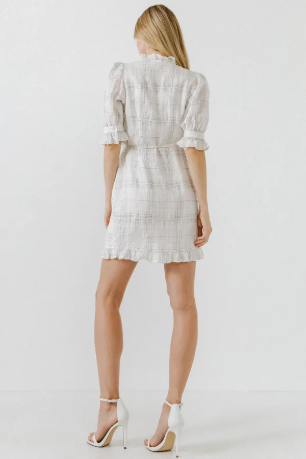 ENDLESS ROSE Tops*- Check Print Linen Wrap Dress WHITE