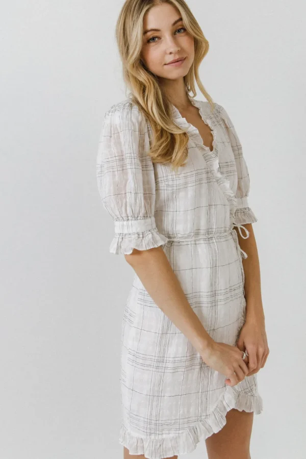 ENDLESS ROSE Tops*- Check Print Linen Wrap Dress WHITE