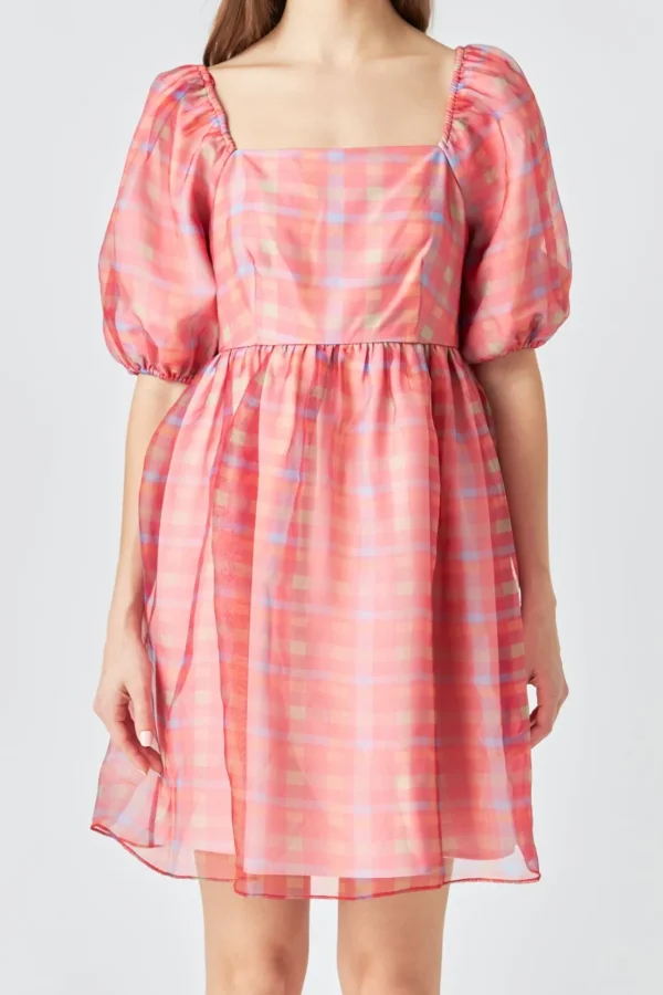 ENDLESS ROSE Tops*- Checker Puff Mini Dress MULTI