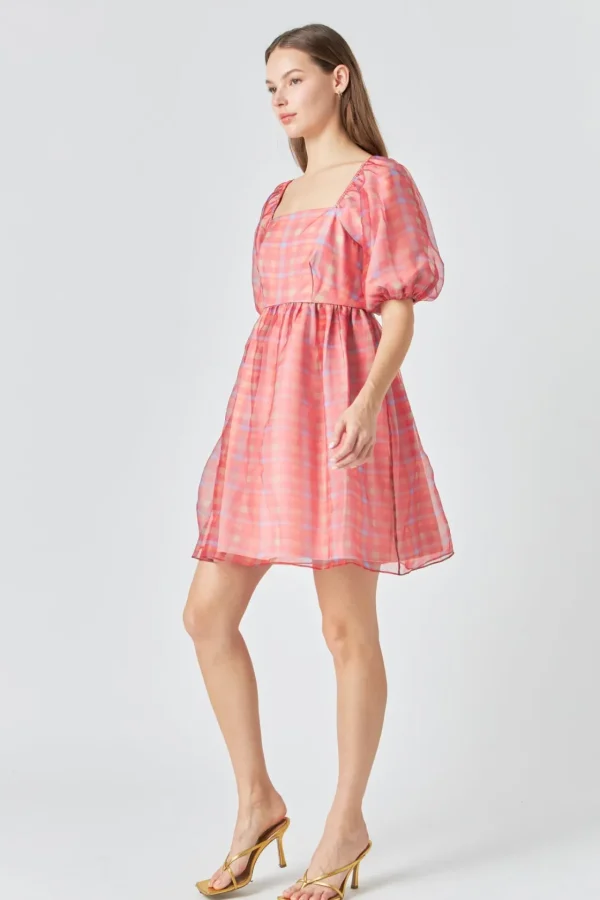 ENDLESS ROSE Tops*- Checker Puff Mini Dress MULTI