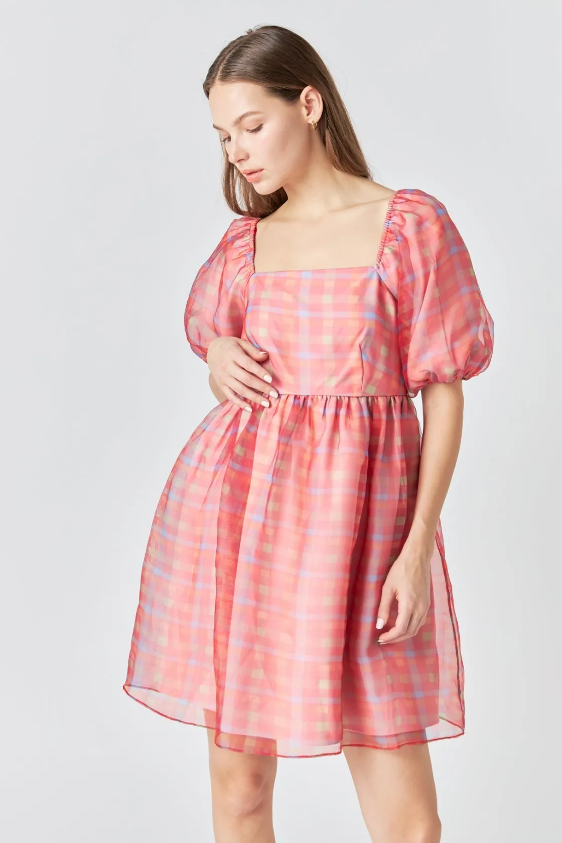 endless_rose__checker_puf_3.webp ENDLESS ROSE Tops*- Checker Puff Mini Dress MULTI