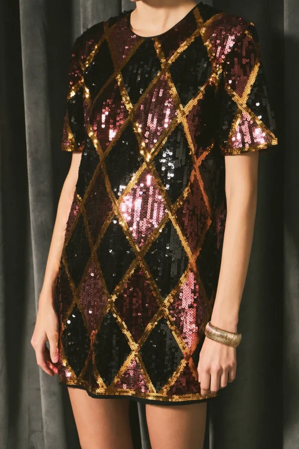 ENDLESS ROSE Tops*- Checkered Argyle Sequins Mini Dress BURGUNDYMULTI