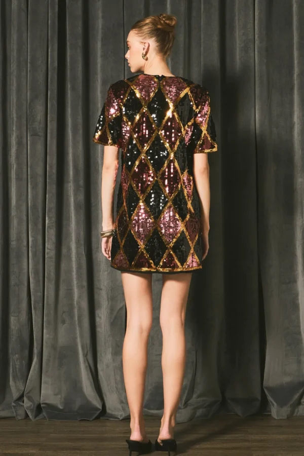 ENDLESS ROSE Tops*- Checkered Argyle Sequins Mini Dress BURGUNDYMULTI