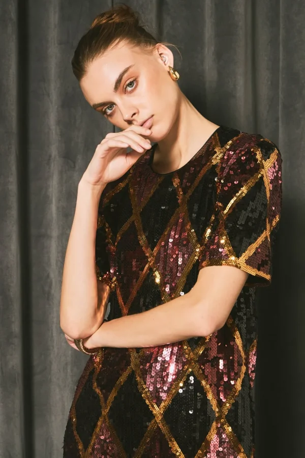 ENDLESS ROSE Tops*- Checkered Argyle Sequins Mini Dress BURGUNDYMULTI
