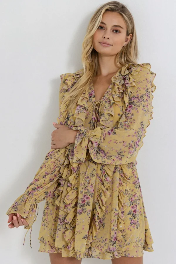 ENDLESS ROSE Tops*- Chiffon Floral Ruffled Dress YELLOW