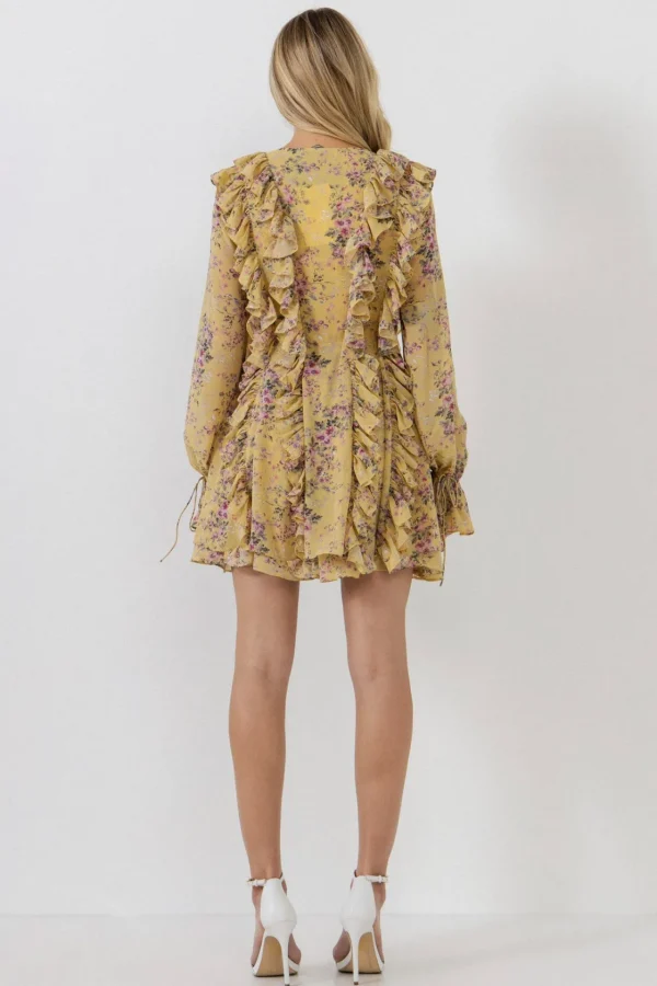 ENDLESS ROSE Tops*- Chiffon Floral Ruffled Dress YELLOW
