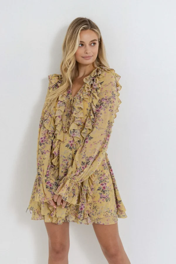 ENDLESS ROSE Tops*- Chiffon Floral Ruffled Dress YELLOW