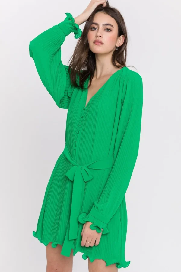 ENDLESS ROSE Tops*- Chiffon Pleated Mini Dress GREEN