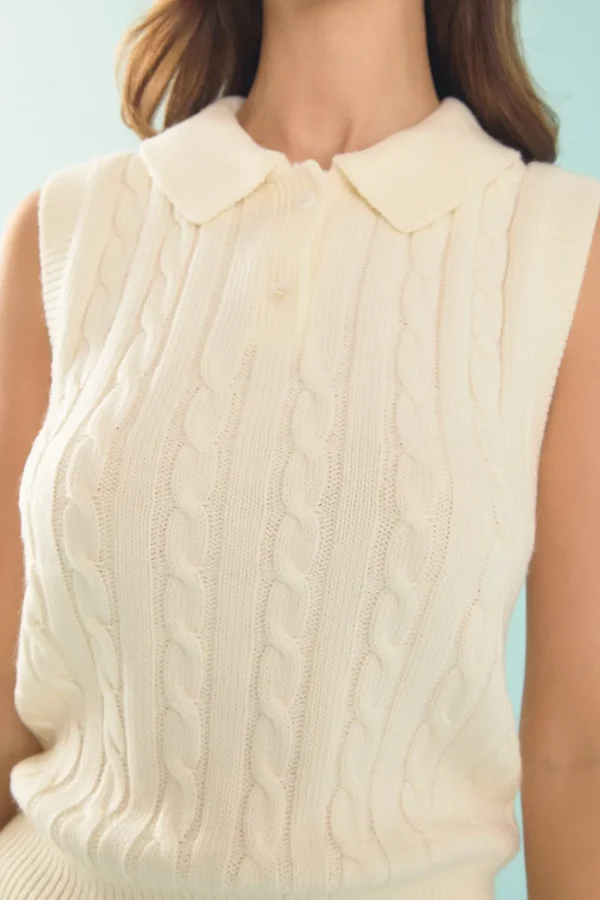ENDLESS ROSE Tops*- Collar Cable Knit Sleeveless Vest IVORY