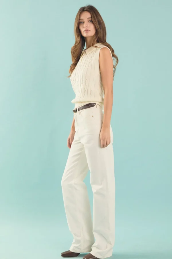 ENDLESS ROSE Tops*- Collar Cable Knit Sleeveless Vest IVORY