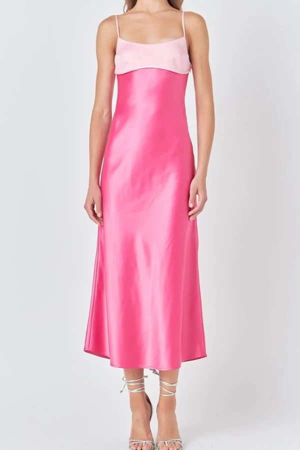 ENDLESS ROSE Tops*- Colorblock Satin Maxi Dress PINKMULTI