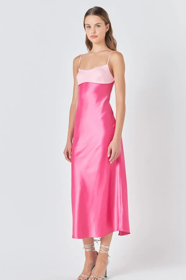 ENDLESS ROSE Tops*- Colorblock Satin Maxi Dress PINKMULTI