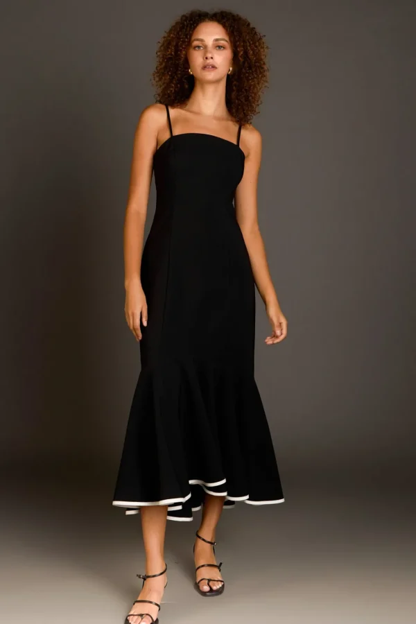 ENDLESS ROSE Tops*- Contrast Binding Flounce Maxi Dress BLACK