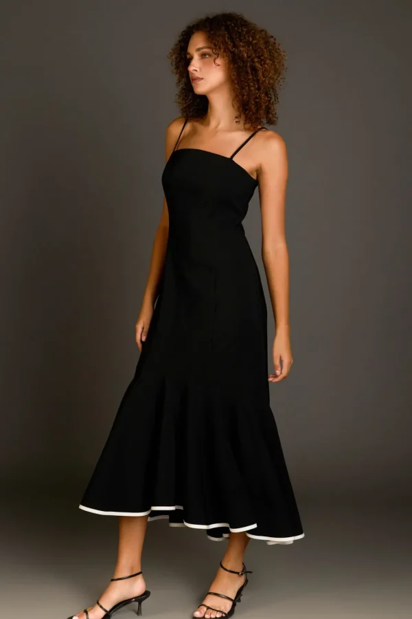 ENDLESS ROSE Tops*- Contrast Binding Flounce Maxi Dress BLACK