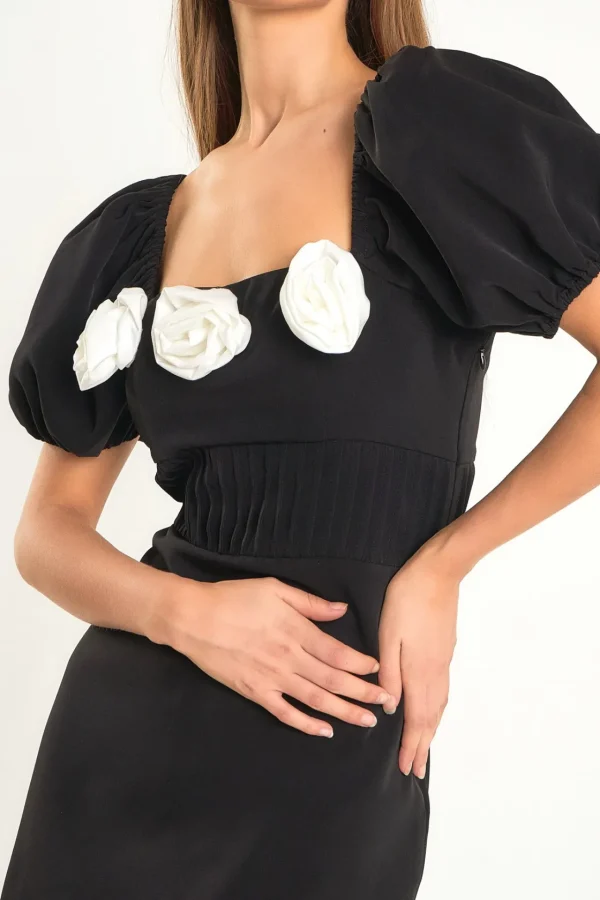 ENDLESS ROSE Tops*- Corsage Puff Sleeve Mini Dress BLACK/WHITE