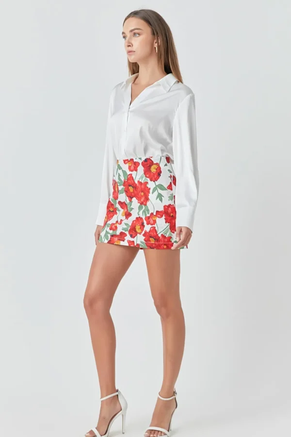 ENDLESS ROSE Tops*- Cotton Floral Print Mini Skort WHITE/RED