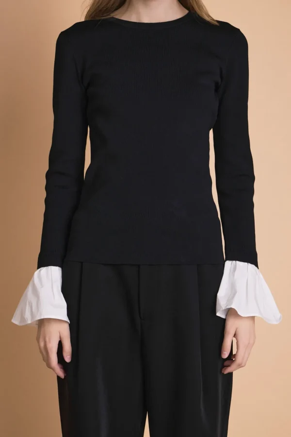 ENDLESS ROSE Tops*- Cotton Sleeve Top BLACK