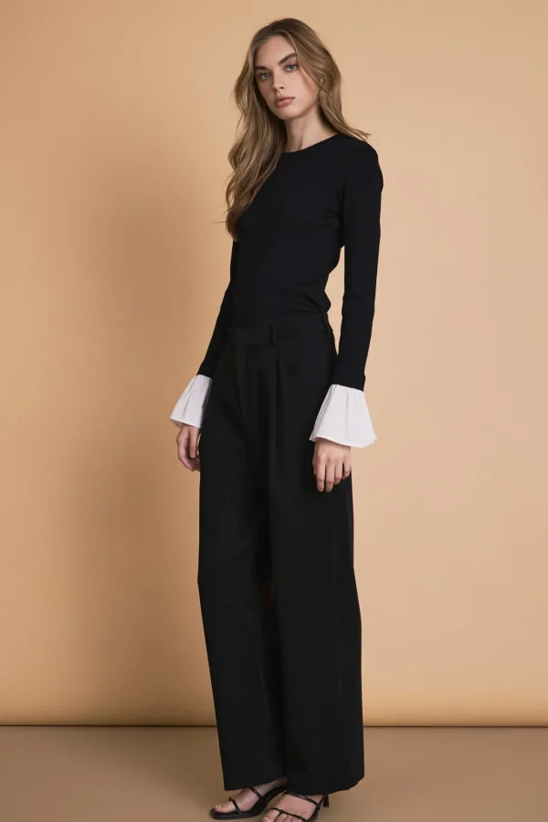 ENDLESS ROSE Tops*- Cotton Sleeve Top BLACK